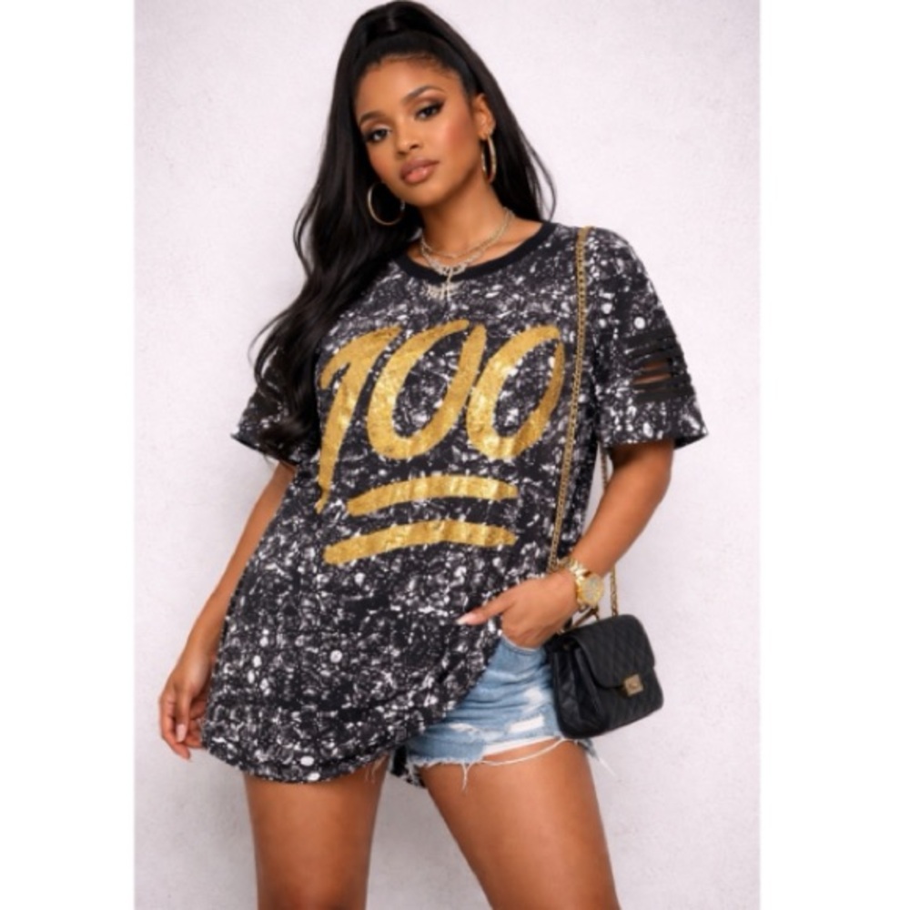PHAT FARM Women Large T- Shirt Top Splatter Gold Lame Streetwear Pop Art